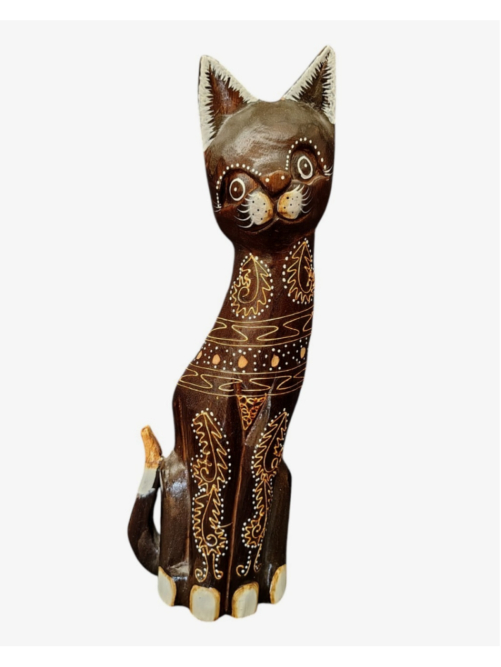 Folk Art Hand Painted Wood Sitting Cat Figurine Brown tribal Indonesia 15.5"